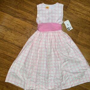 Southern Sunshine Kids White with Pink Circles Sleeveless dress with pink sash 7